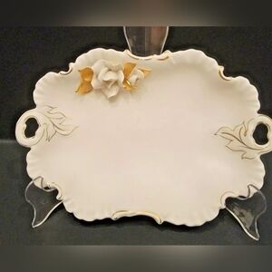 Vtg Florence Ceramics Applied Ivory Rose Pasadena CA Candy Dish Dual Handles